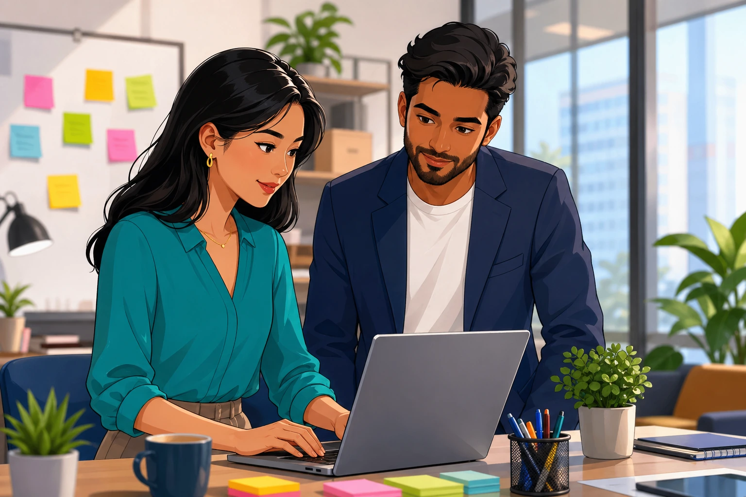 A professional woman and man stand in a modern office beside a laptop and sticky notes, speaking quietly as she types an email and he looks at the screen.