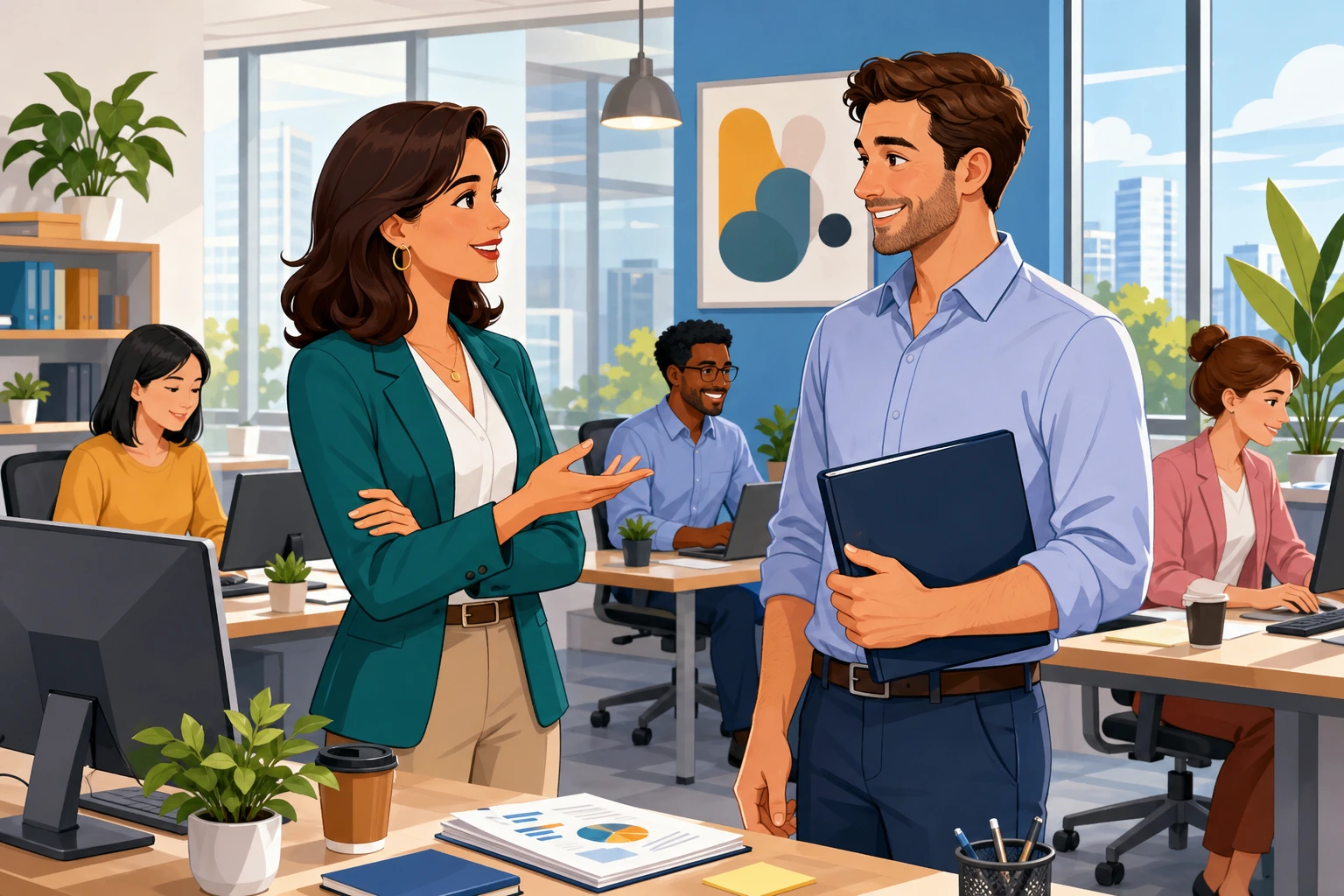 A female manager stands beside a desk in a bright office, speaking with a male employee who holds a folder and smiles after finishing a report.