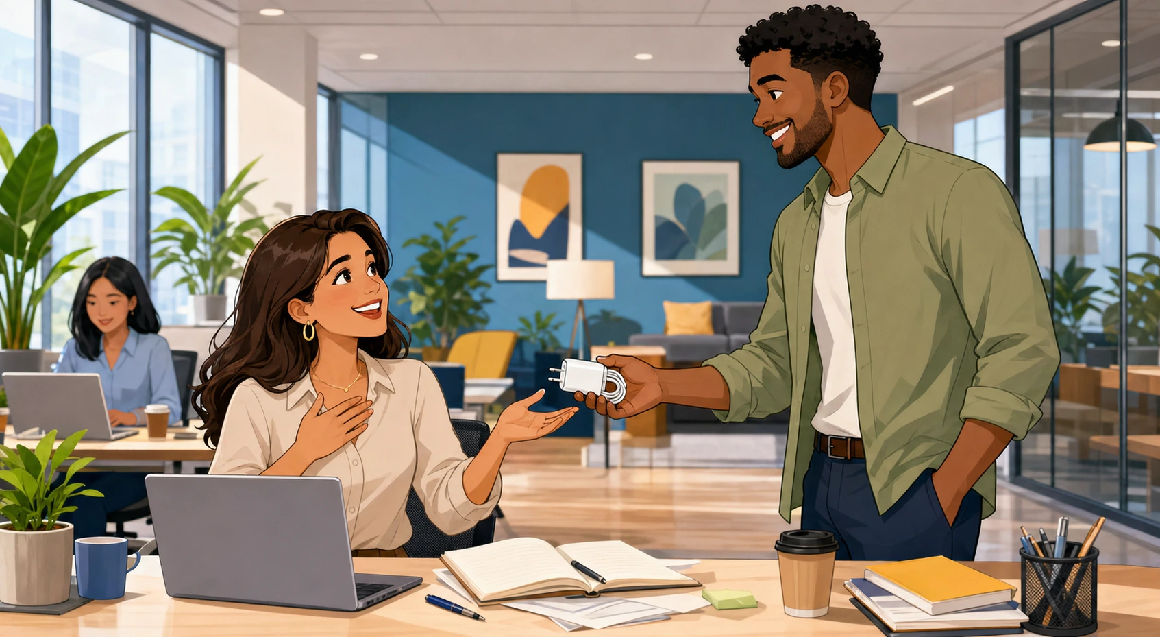 A woman at an office desk looks relieved as a man hands her a phone charger, with laptops, papers, and coffee cups around them.