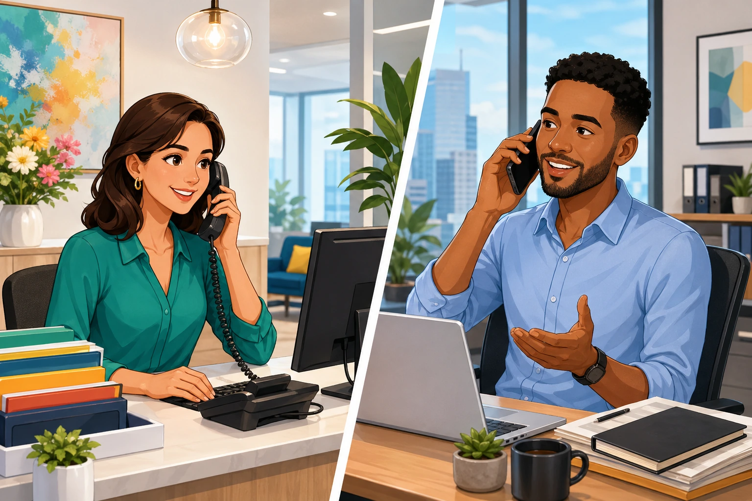 A woman receptionist in a bright office answers a desk phone while a man in a separate office speaks into his smartphone, with computers, folders, and a clean modern workspace around them.