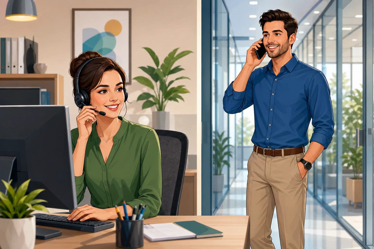 A female office assistant wearing a headset sits at a tidy desk in a modern office while a male caller speaks on a mobile phone near a glass hallway.