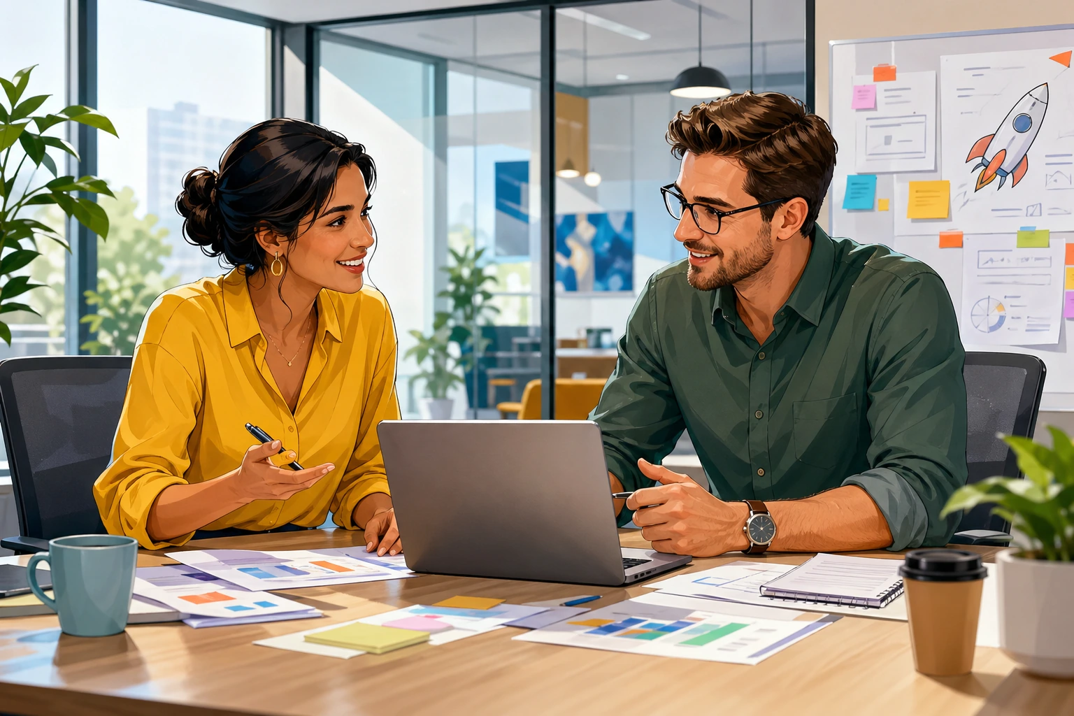 A woman and a man sit across from each other in a modern office meeting room, looking at a laptop and project notes while discussing a launch plan.