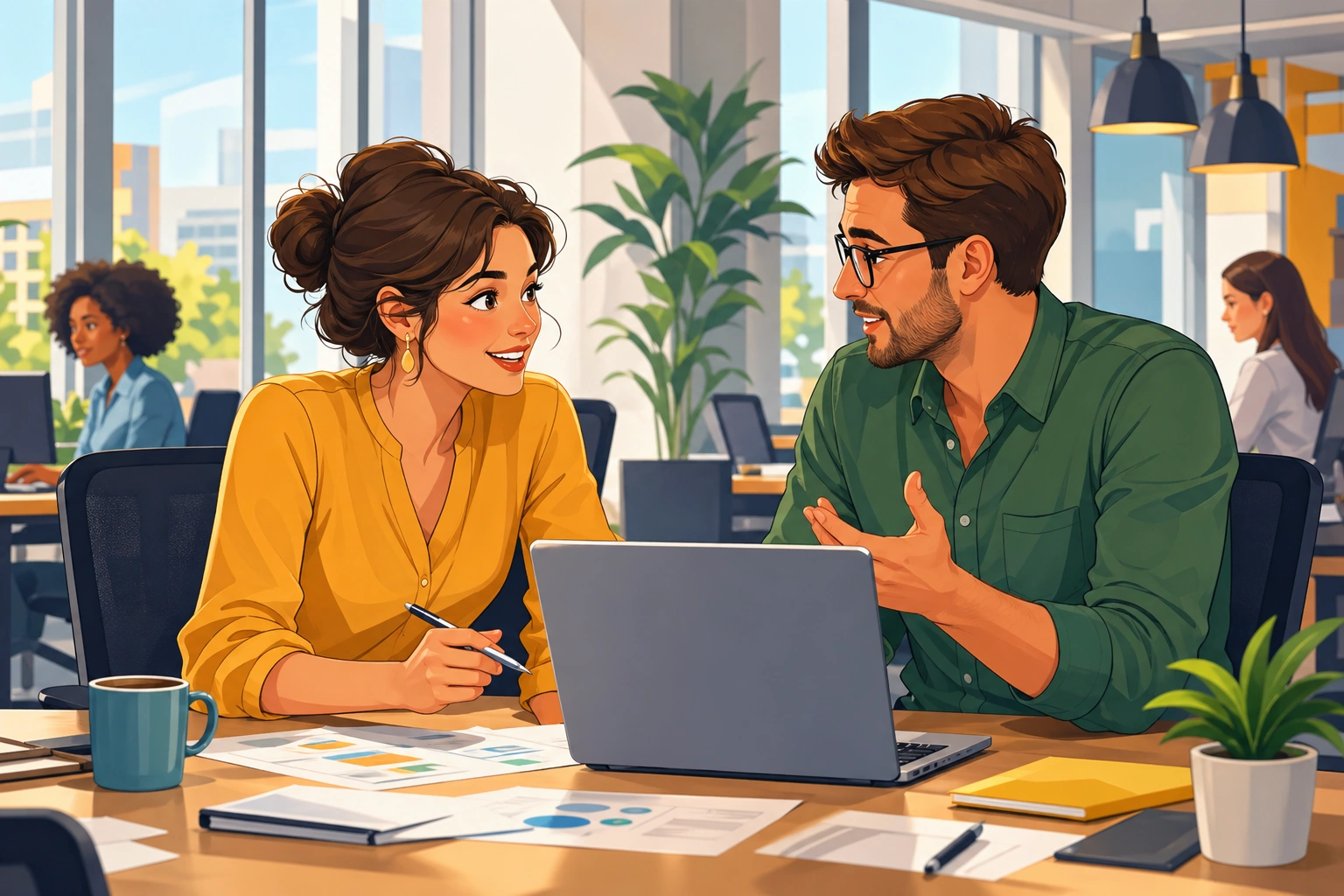 A woman at a desk in a modern office leans toward a male coworker across a laptop, with papers, a coffee mug, and bright windows in the background.