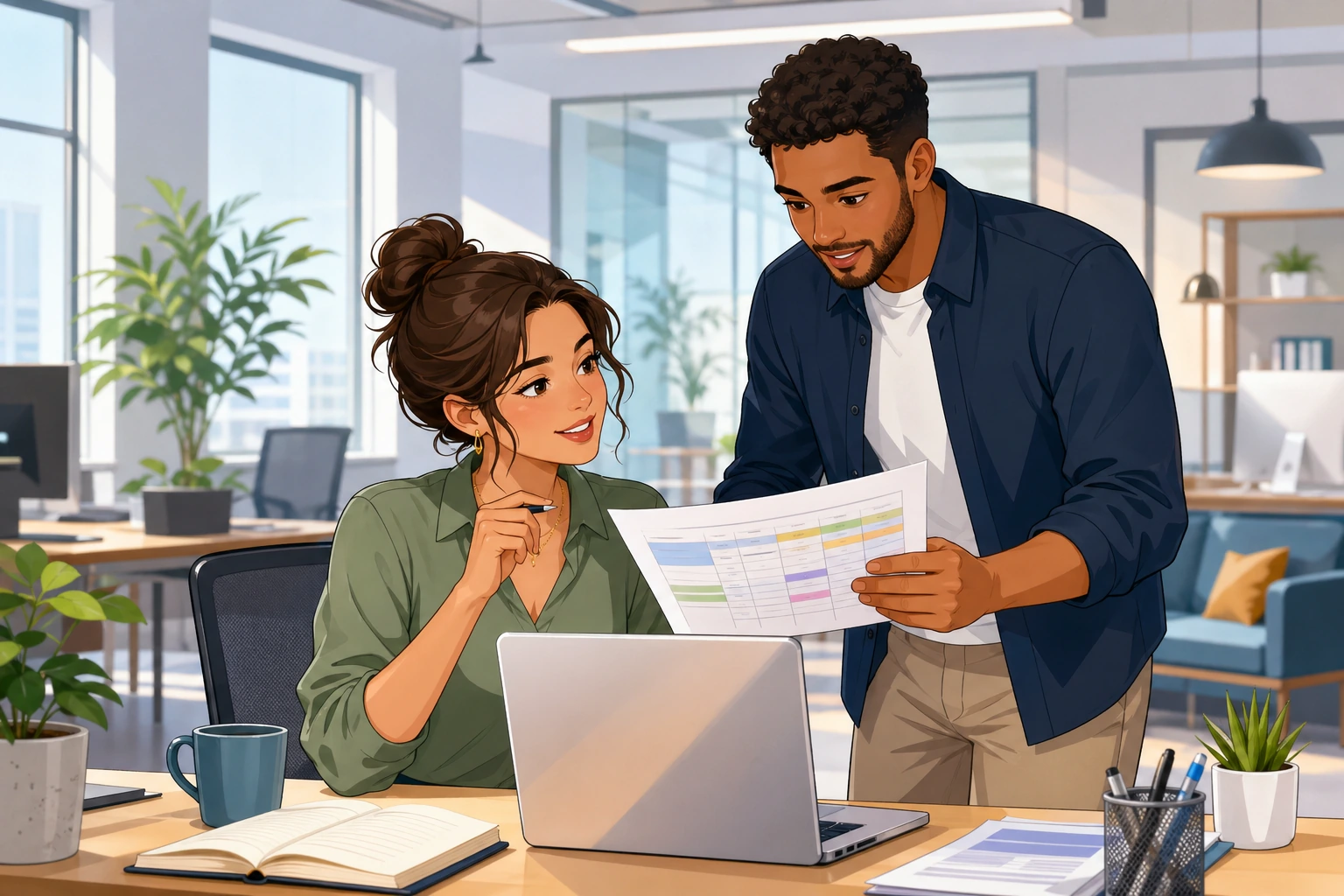 A young woman at a desk in a bright office talks with a man standing beside her, both looking at a laptop and a printed schedule.