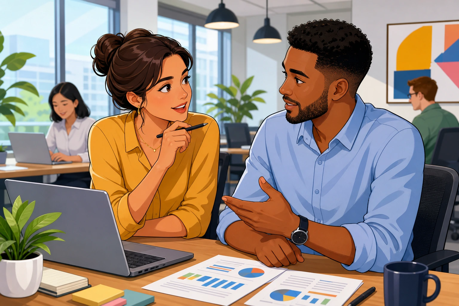 In a bright office, a woman at a desk leans toward a male coworker beside a laptop and printed charts while they talk quietly.