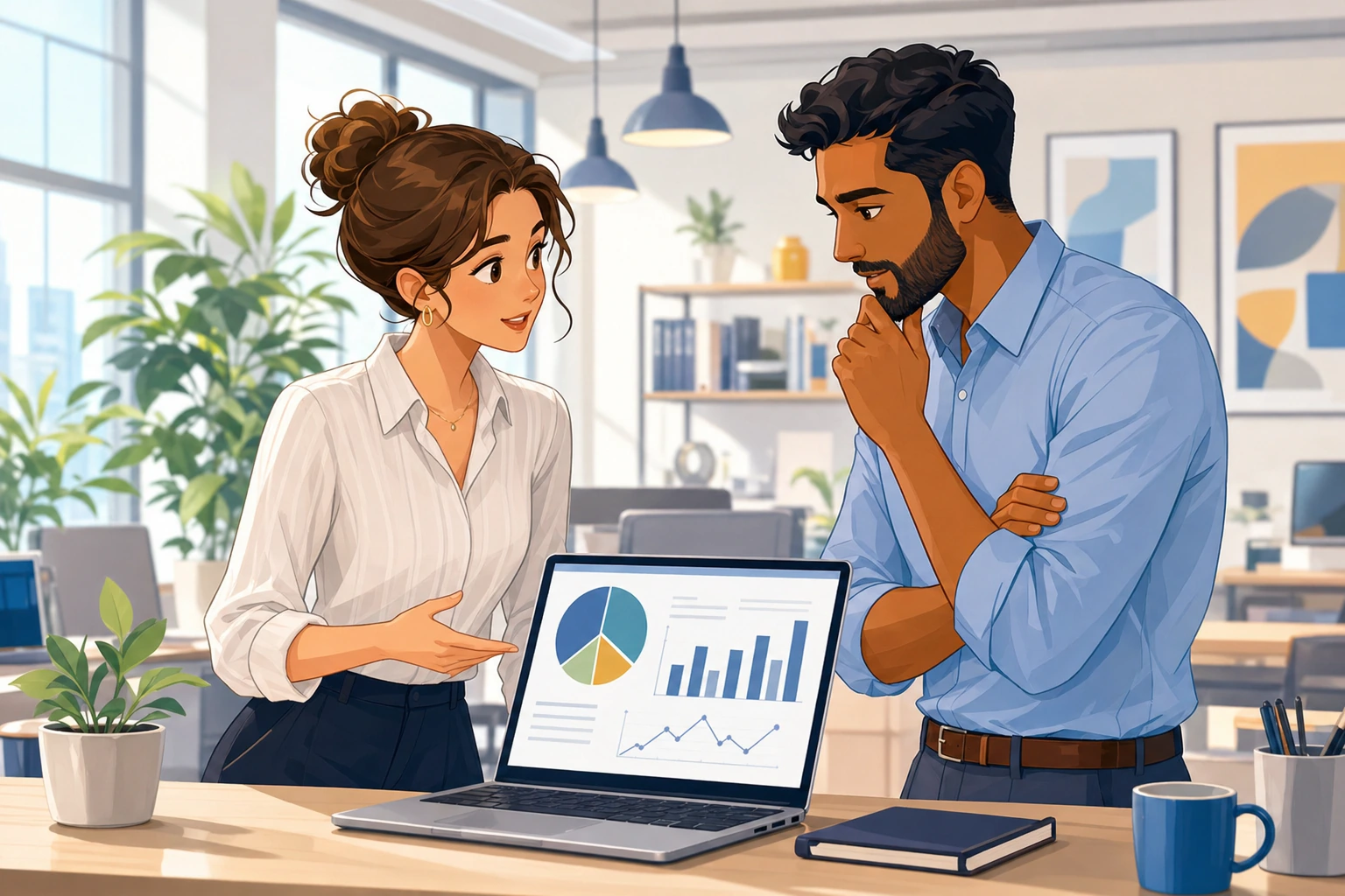 A young woman and a man stand beside a laptop in a bright office, looking at a chart on the screen and discussing a problem.