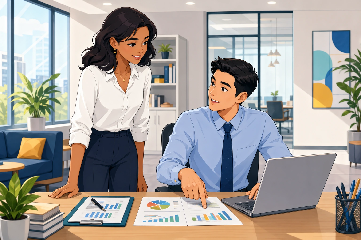 A woman in a white blouse stands beside a desk in a bright office while a man in a tie points to a laptop and printed charts during a report review.