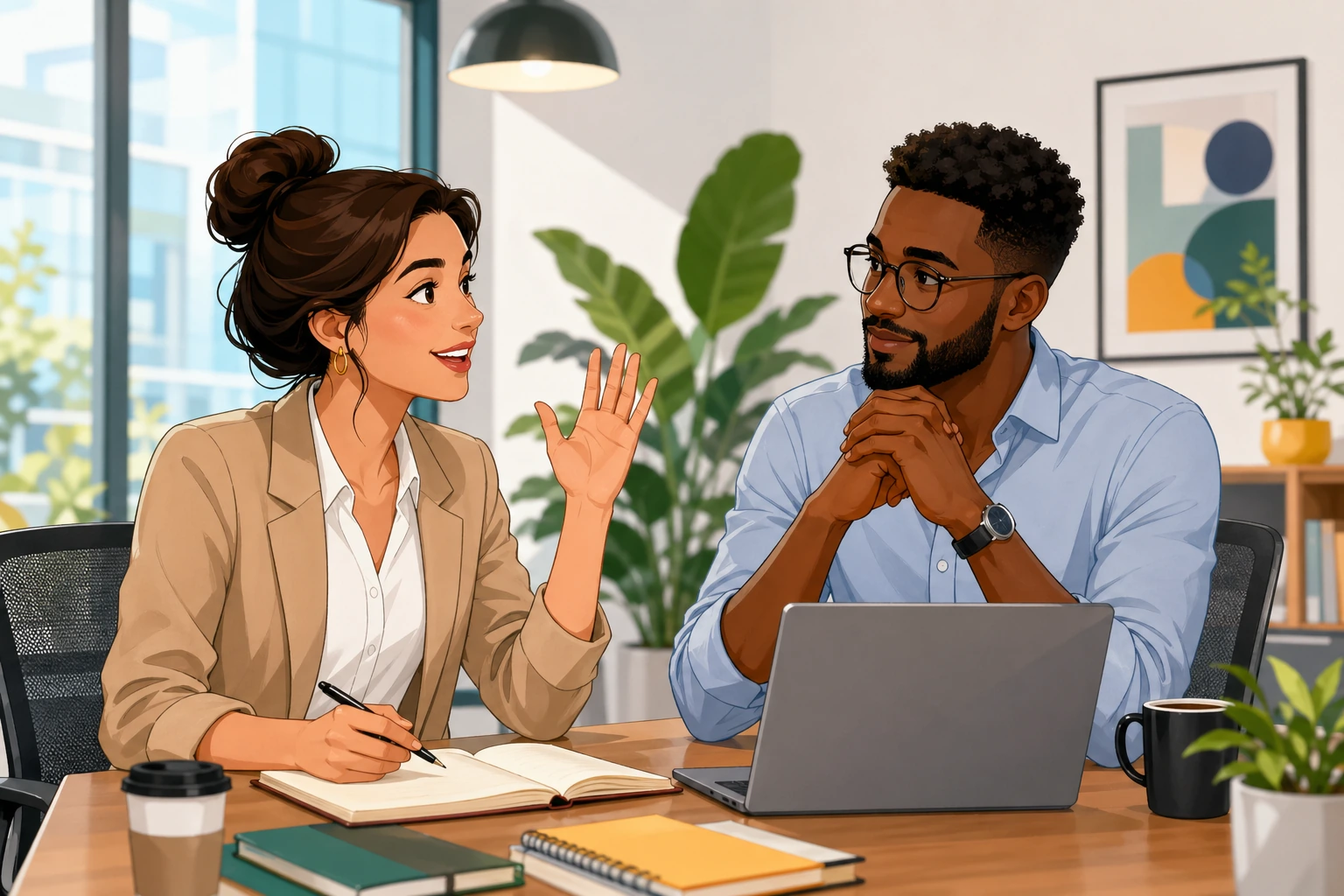 A woman and a man sit at a meeting table in a modern office with notebooks, coffee cups, and a laptop, while the woman raises her hand to speak and the man listens attentively.