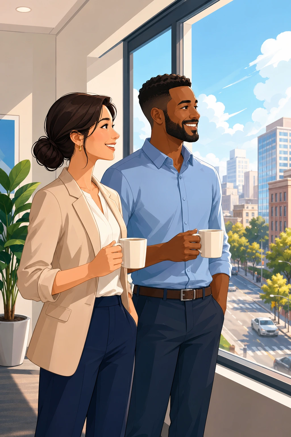 A woman in business clothes and a male coworker stand near the office window with coffee cups, looking out at a bright sunny street and smiling during a quick break.
