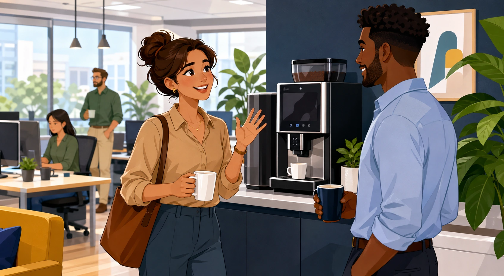 A woman in business casual clothes greets a male coworker near a bright office coffee machine while other desks and plants are visible in the background.