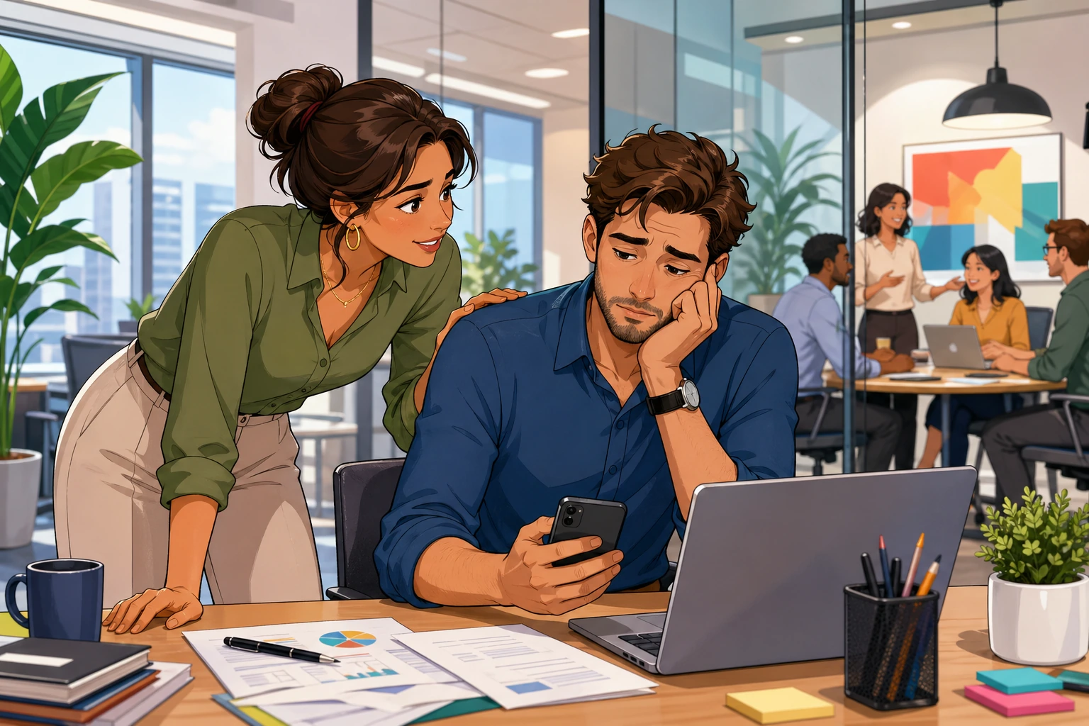 A woman at a modern office desk leans toward a tired man holding his phone, with a laptop, papers, and a busy meeting room in the background.