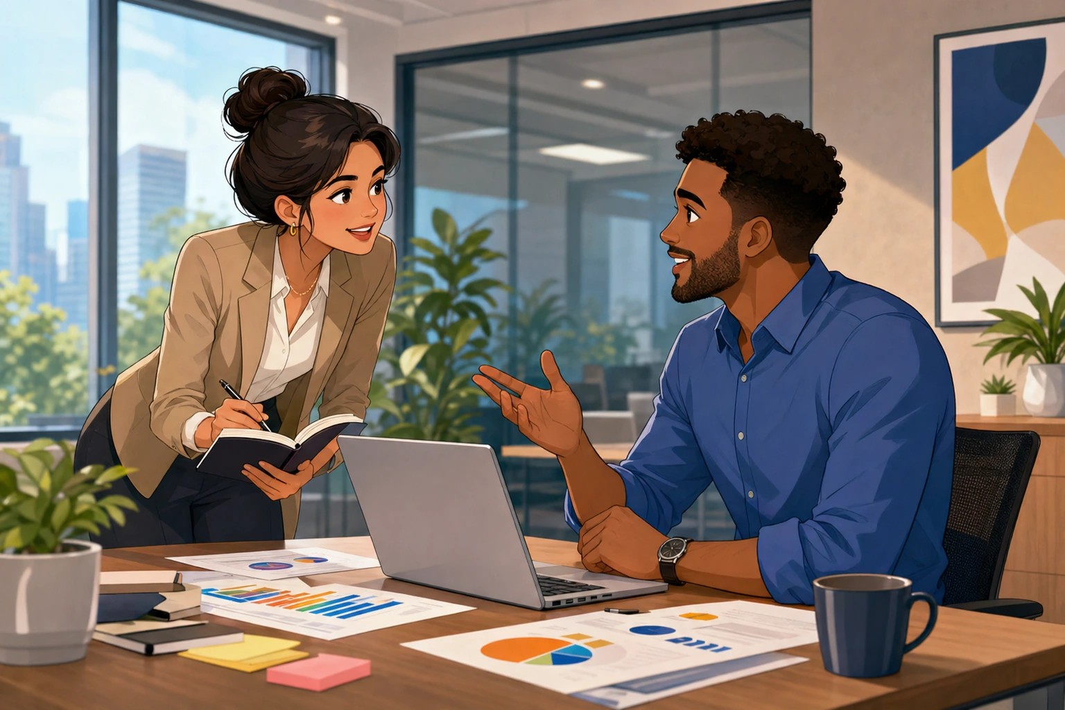 A woman in a modern office meeting room leans forward with a notebook while a man sits across from her at a table with charts and a laptop, both mid-discussion.