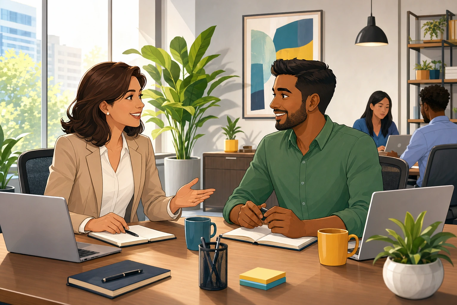 A woman manager and a male coworker sit at a conference table in a bright office with laptops and notebooks, ready to begin a morning meeting.