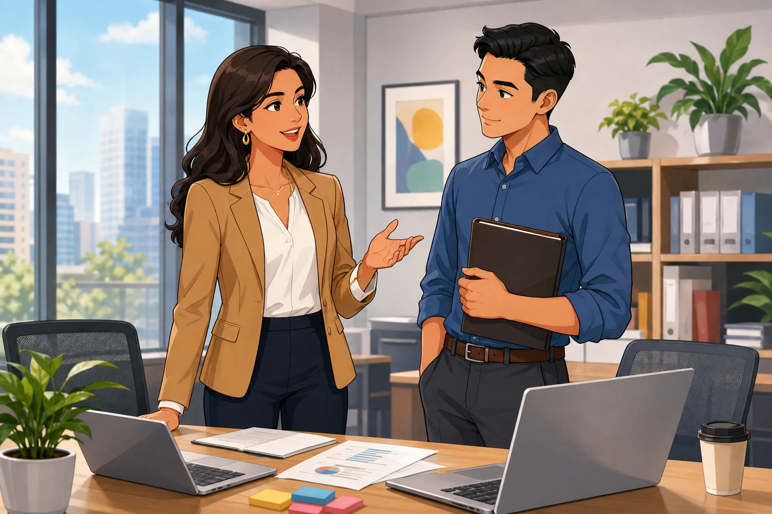 A woman in business clothes stands at a desk in a bright office while a man with a folder listens beside her, with laptops and papers on the table.