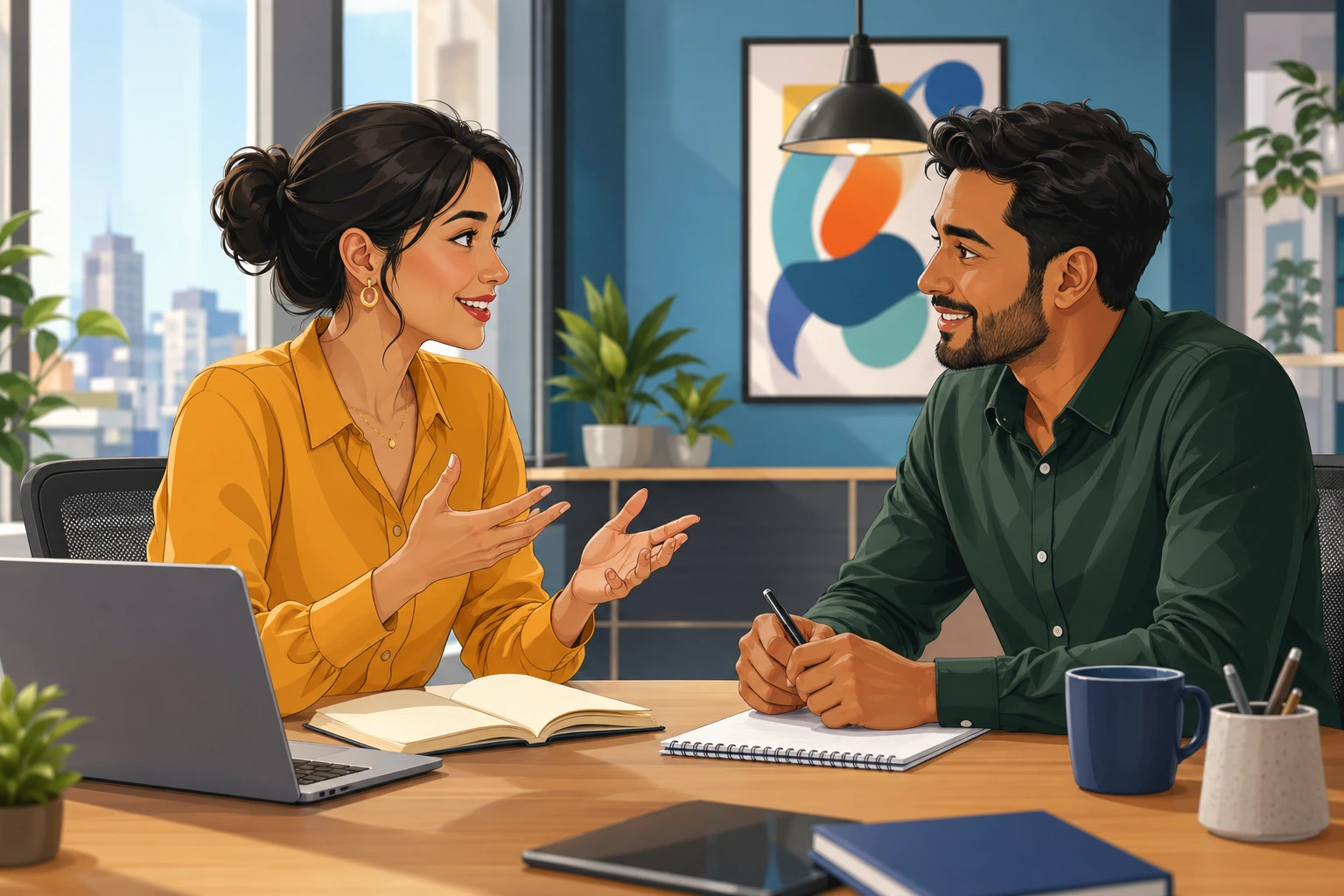 A woman and a man in a bright office meeting room sit across a table with open notebooks and a laptop, leaning in as they talk.