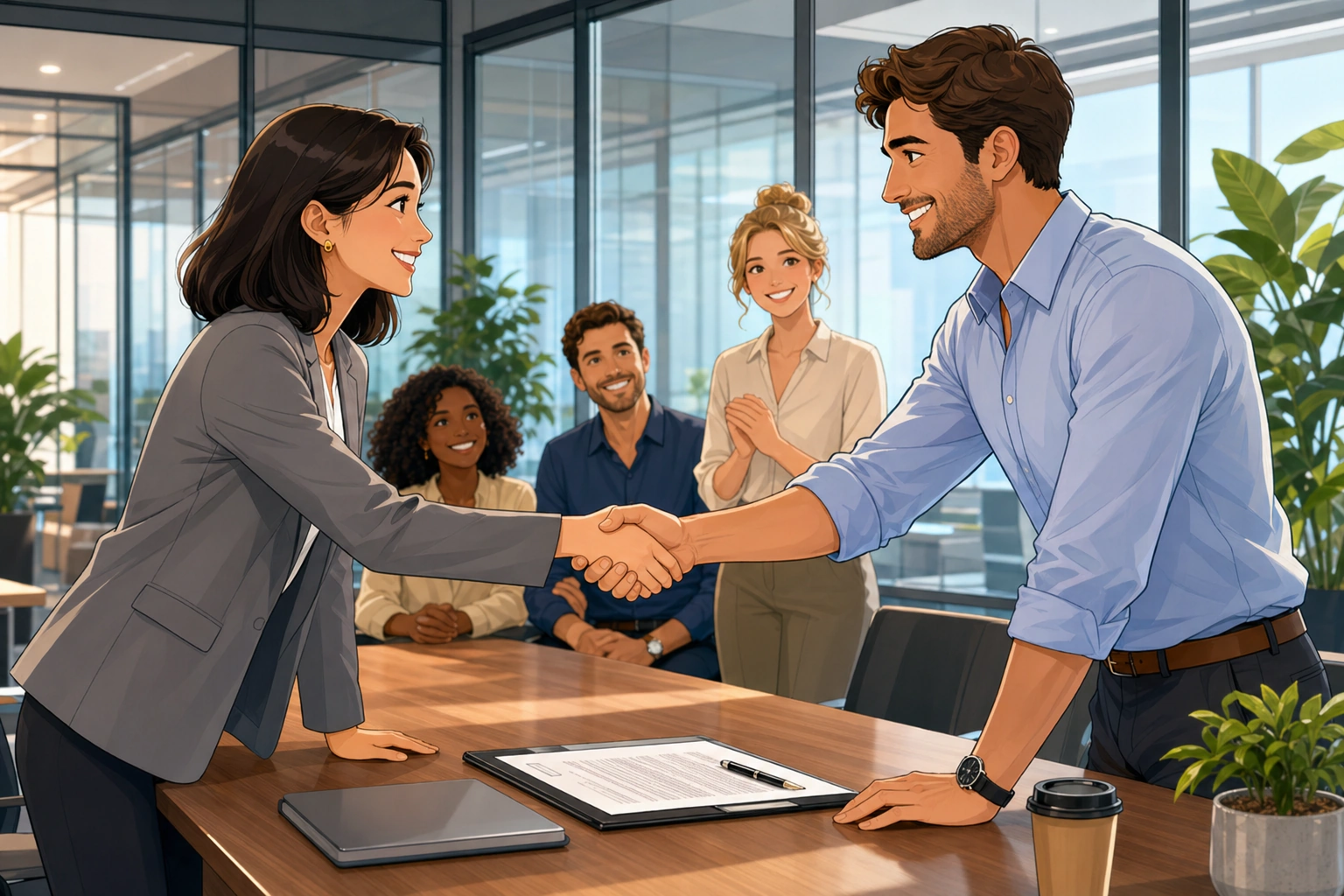 A woman in a gray blazer and a man in a shirt stand by a conference table in a modern office, leaning over a contract and shaking hands after a negotiation.