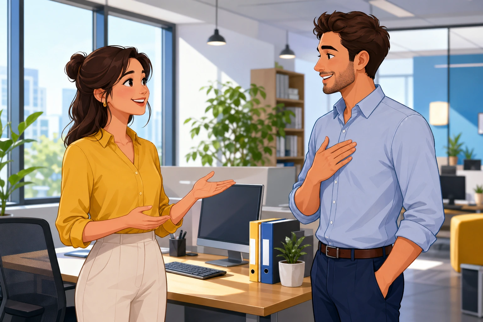 A friendly woman and a man stand beside a modern office desk with computers and folders, smiling as they introduce themselves in a bright workplace.