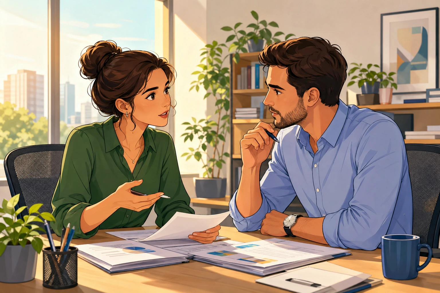A young woman and a man sit across from each other at a desk in a modern office, looking over documents and talking seriously in bright afternoon light.