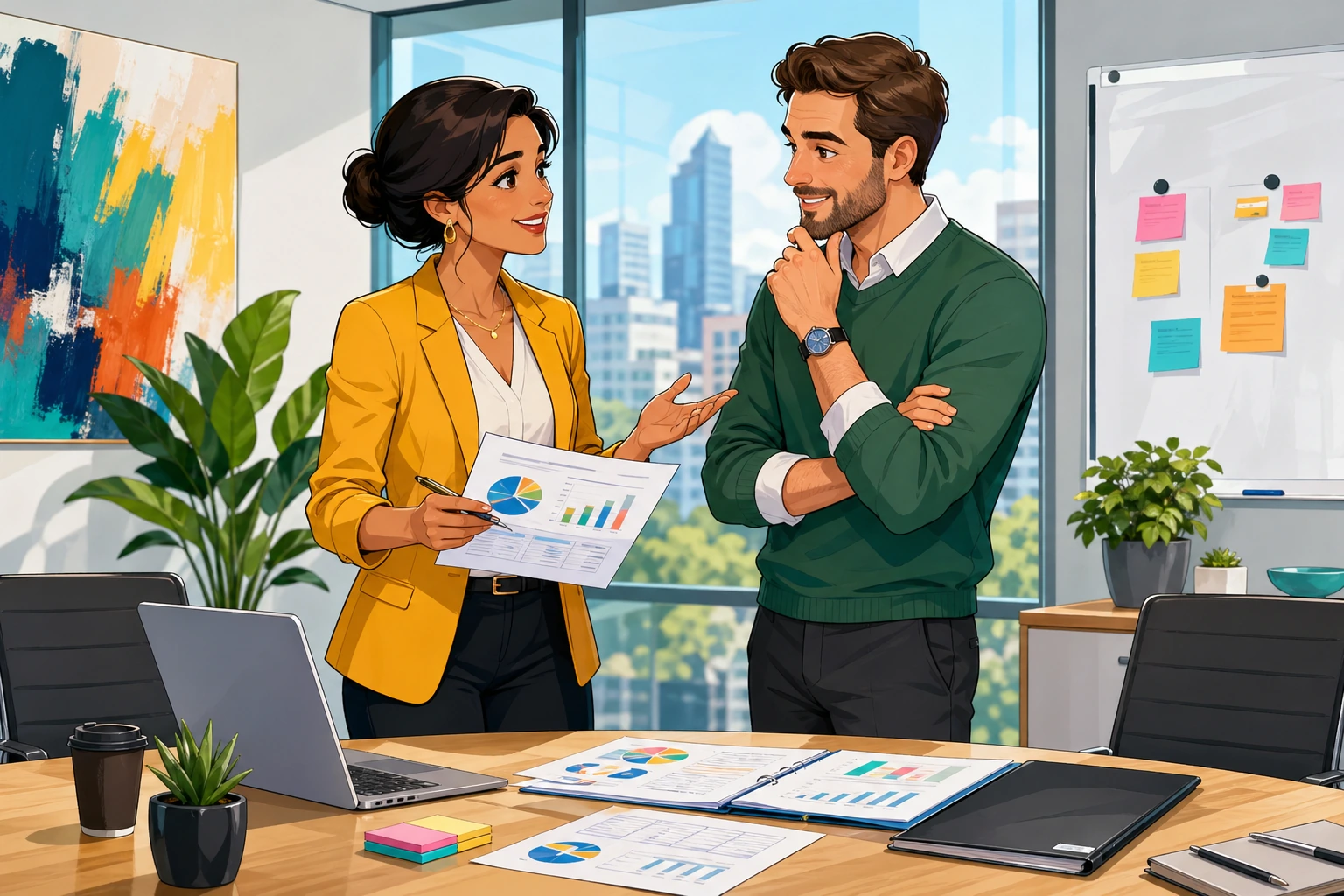 A woman manager and a man client stand by a conference table in a bright office, looking at budget papers and discussing a deadline before the proposal window closes.