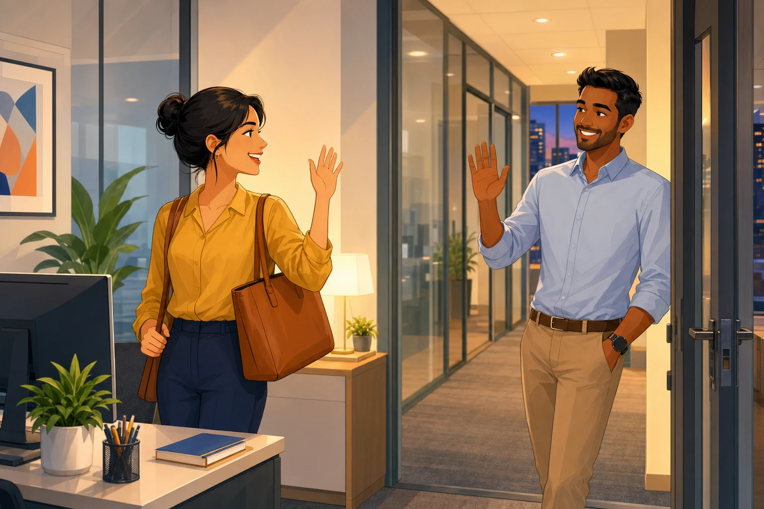 An office hallway in the evening with a female employee holding her bag near her desk and a male coworker standing by the doorway, both smiling as they say goodbye.