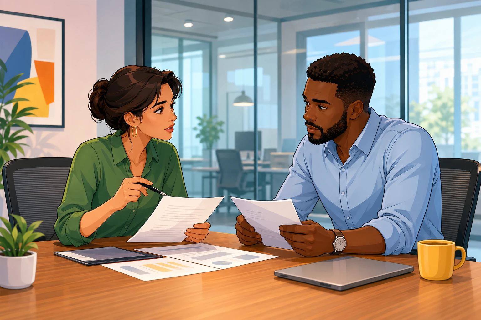 A woman and a man sit across from each other at a conference table in a modern office, discussing documents with serious expressions.