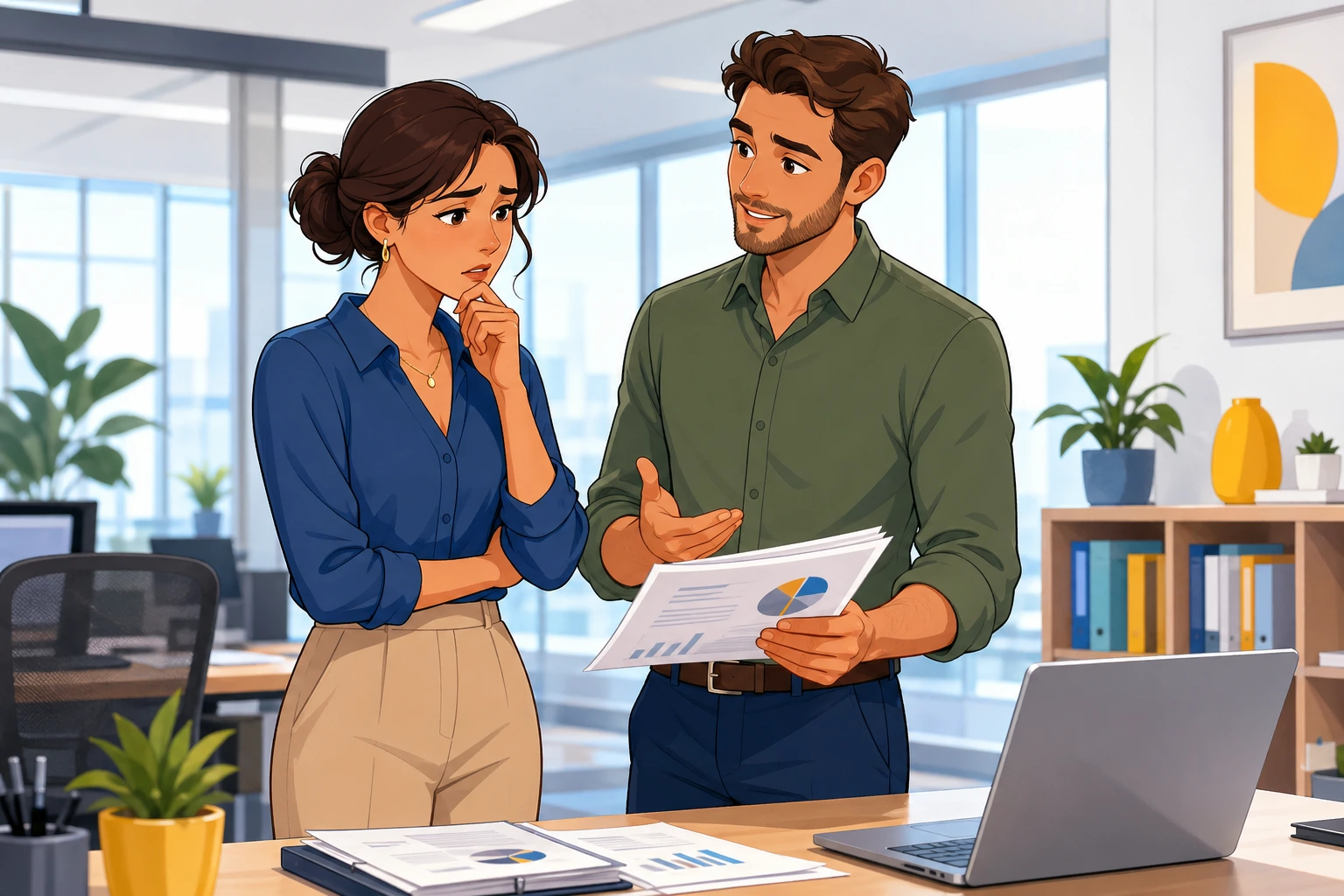 A worried woman and a male coworker stand beside a desk with papers and a laptop in a bright office, speaking calmly while reviewing a report.