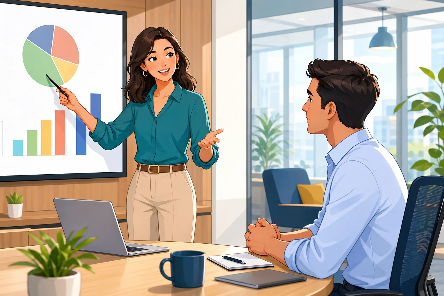In a bright modern office meeting room, a woman stands beside a laptop and points at a chart while a man in a shirt listens across the table.