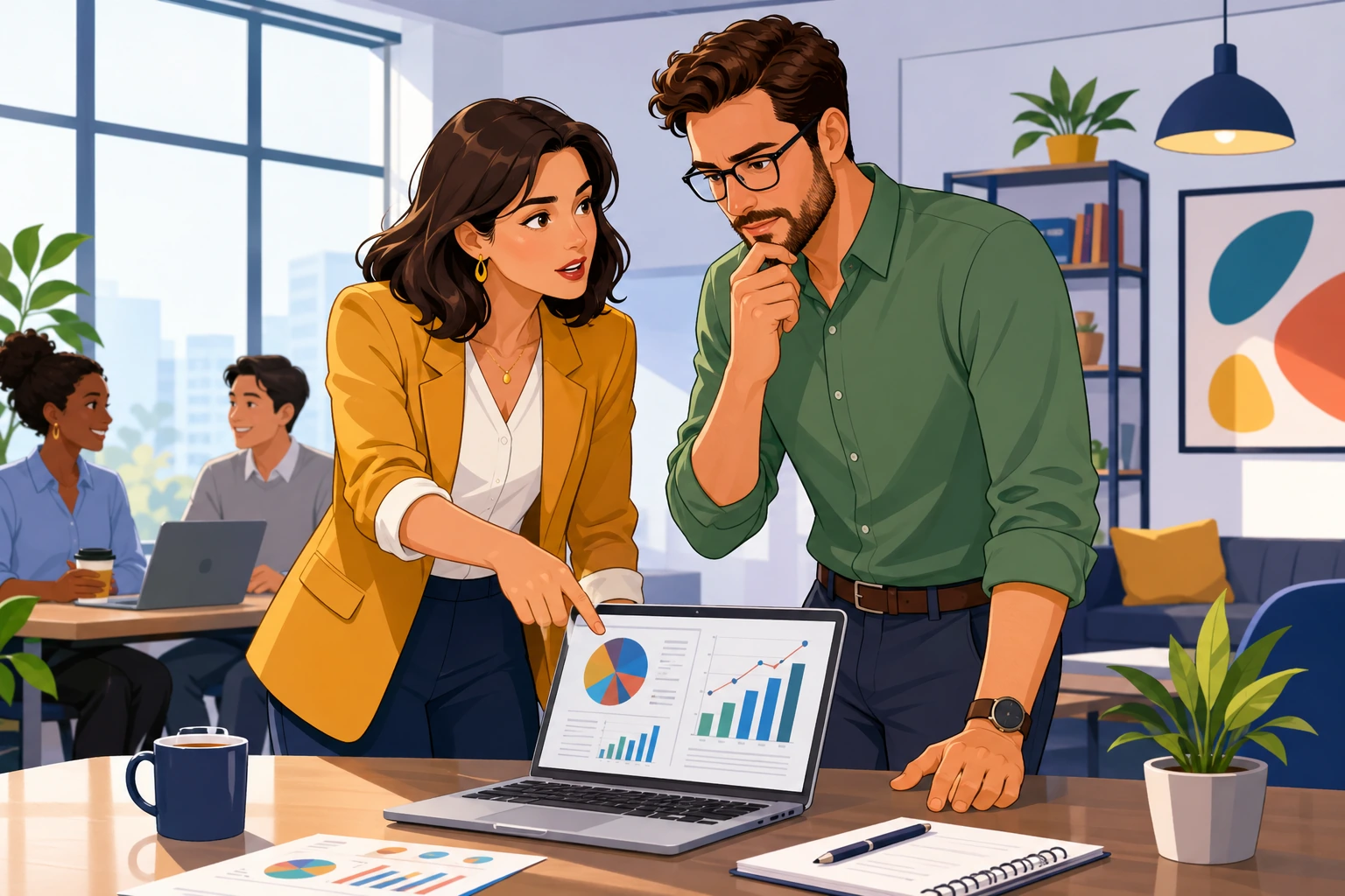 A female manager and a male colleague stand over a laptop in a bright office meeting room, pointing at charts and speaking seriously.