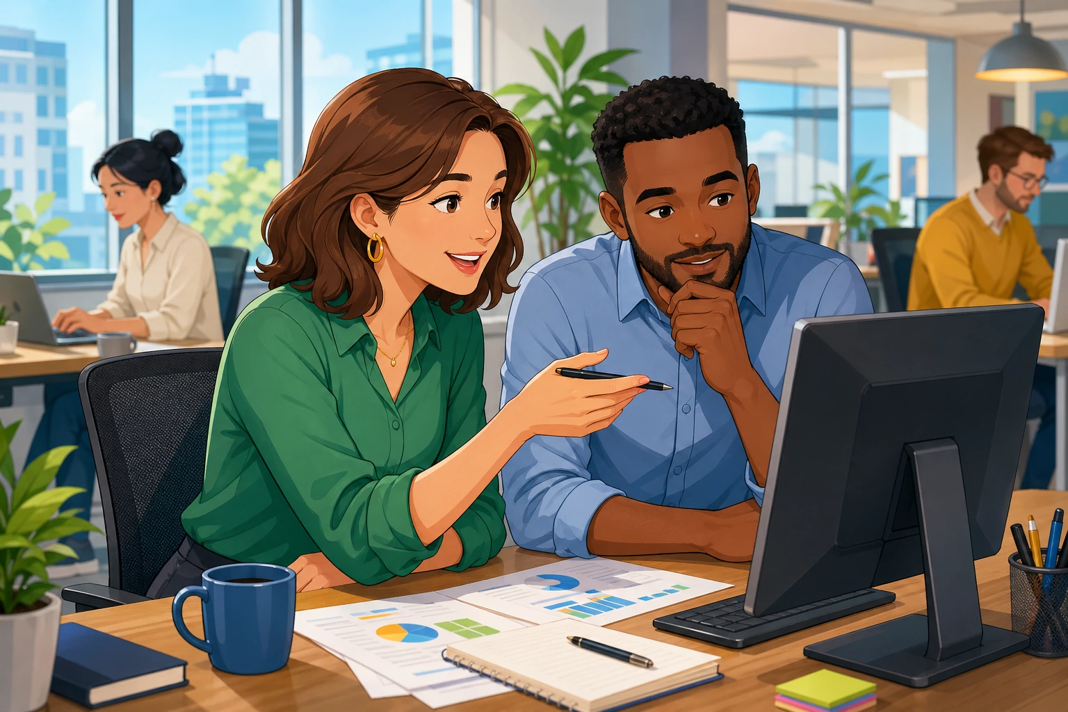 A professional woman at a desk speaks with a male coworker in a modern office, both looking at a computer monitor with papers and a coffee mug nearby.