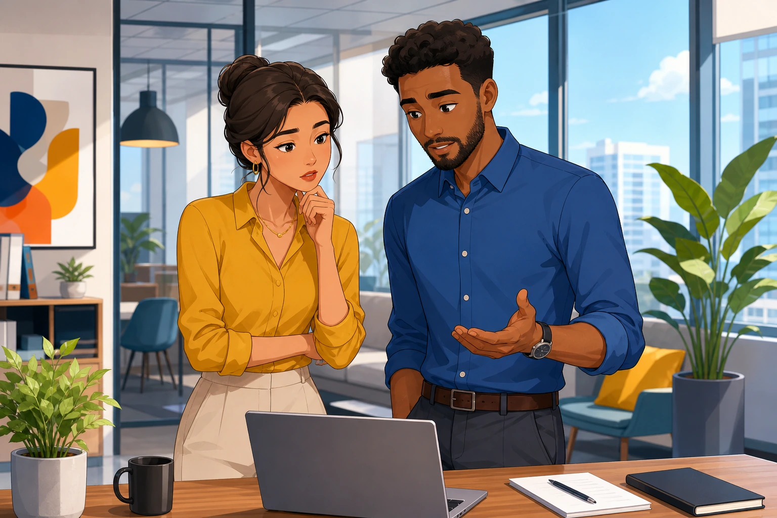 A female employee and a male coworker stand by a desk in a modern office, looking at a laptop and discussing a project with a thoughtful, uncertain mood.