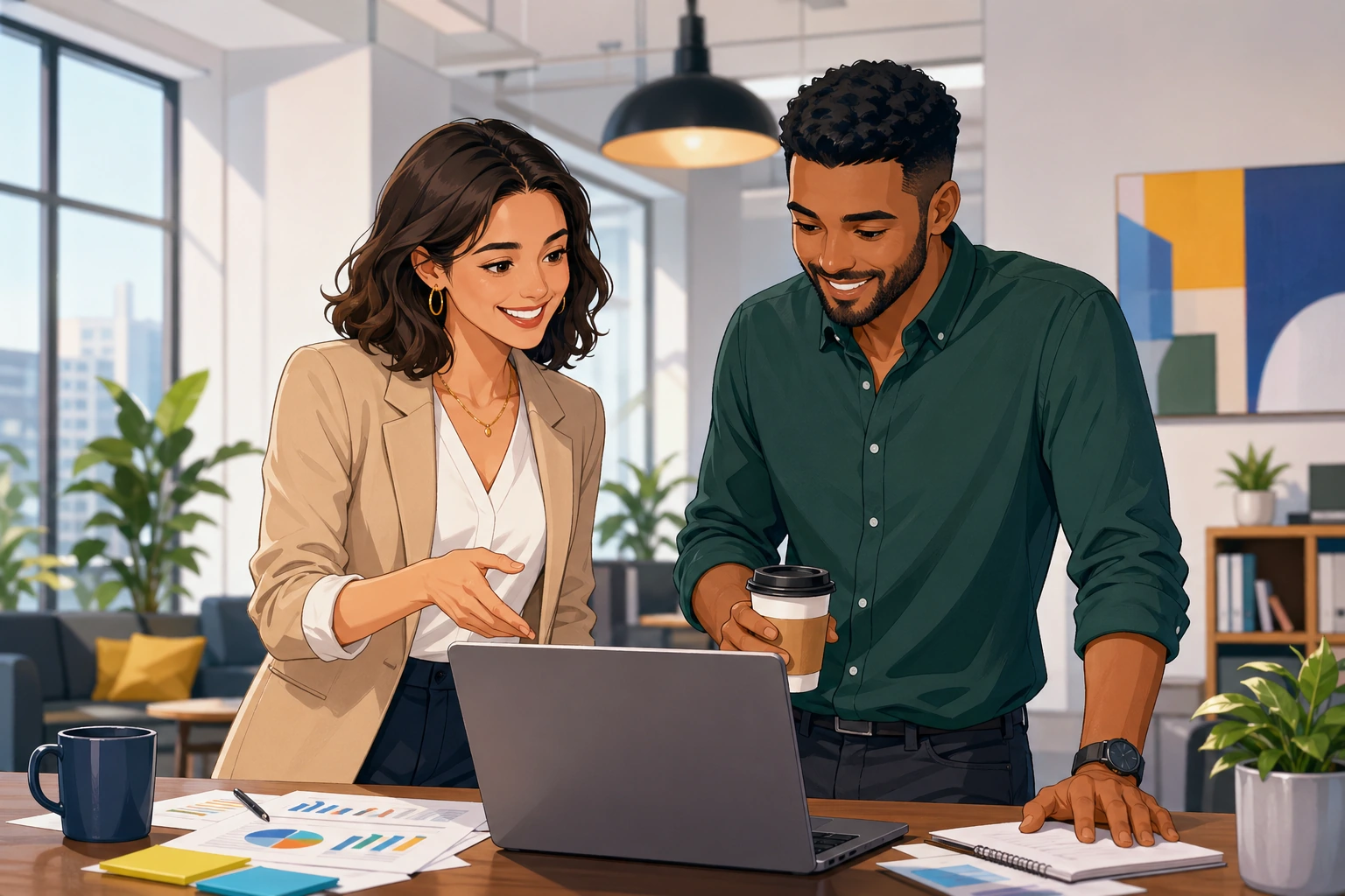 A professional woman and a man stand beside a desk in a modern office, looking at a finished report on a laptop with papers and coffee cups nearby.