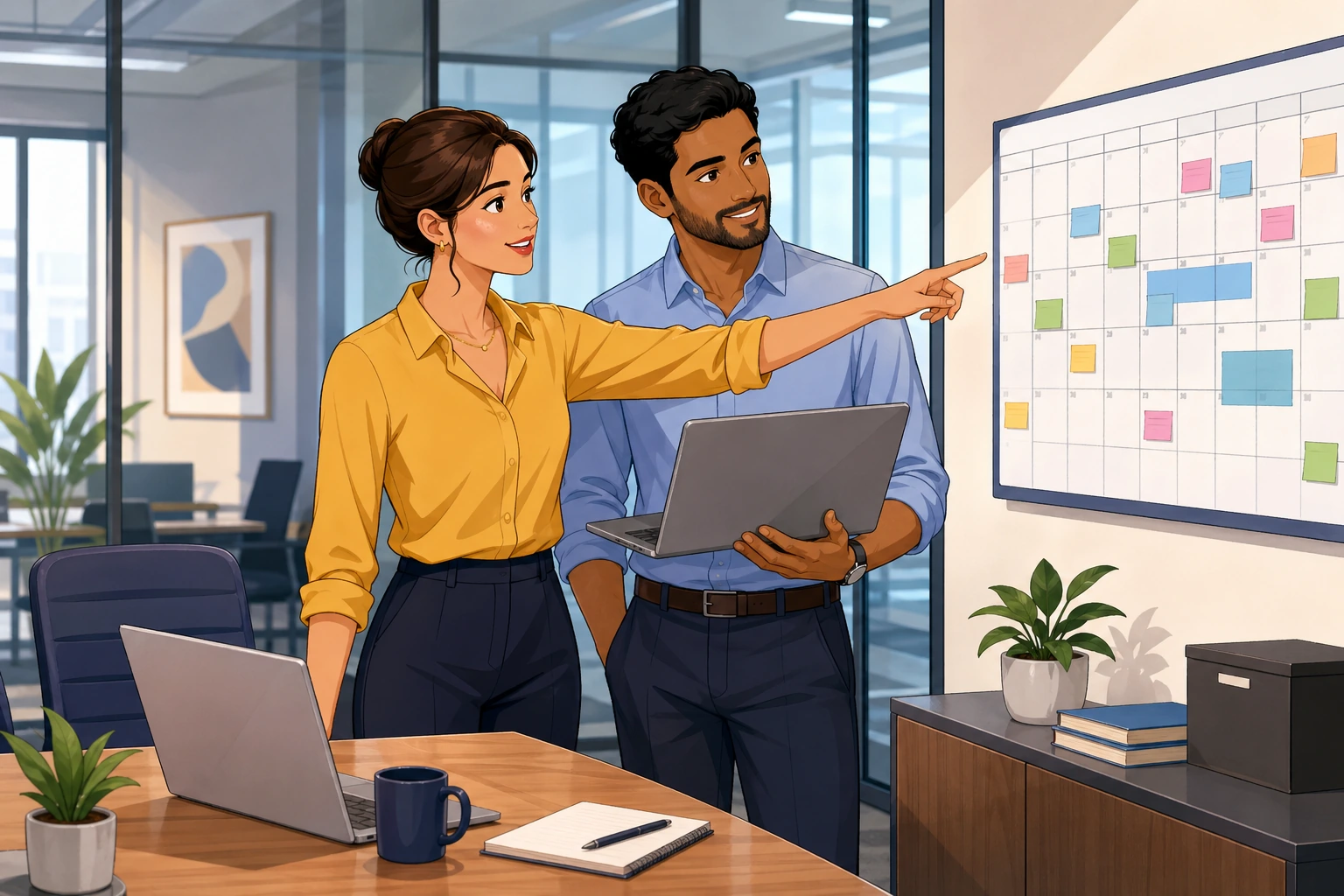 A female project manager and a male coworker stand in a modern office meeting room, looking at a laptop and a wall calendar while discussing a project timeline.