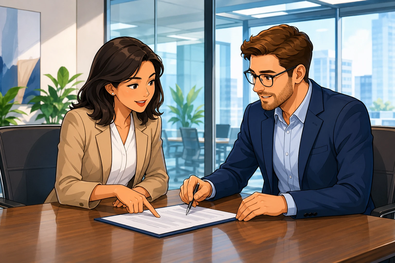 A woman and a man sit across a conference table in a modern office, reviewing a contract and pointing at printed pages while discussing a deal.