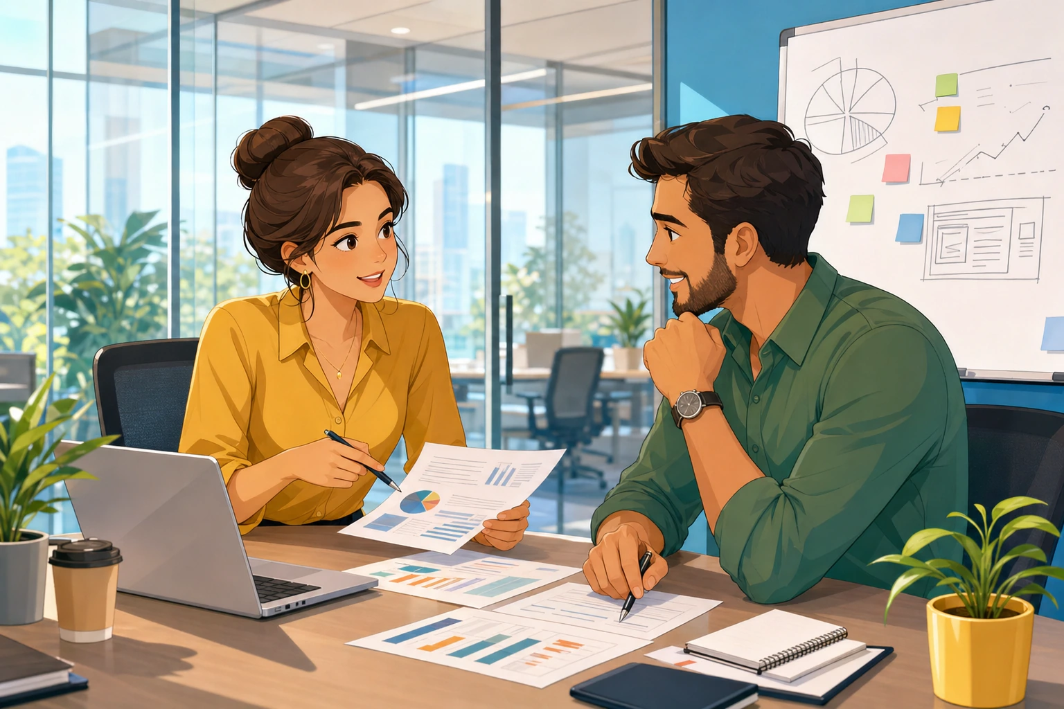 A woman and a man sit in a glass-walled office meeting room with a laptop, papers, and a whiteboard, talking calmly and pointing at a draft report.